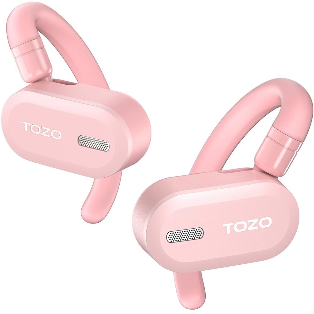 TOZO O2 트루 오픈 이어 무선 헤드폰 경량, 멀티 앵글 조정 기능, 듀얼 축 디자인의 블루투스 5.3 이어버드로 오래 지속되는 편안함, 선명한 주행 소리, 핑크 - 상품 이미지