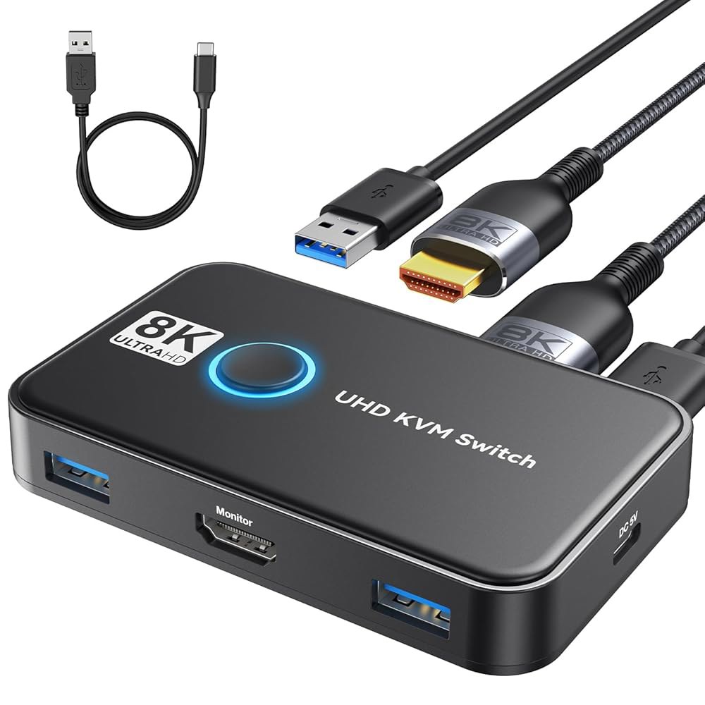 KVM 스위치 1, 컴퓨터 2대용 비 키 USB 모니터 2대, 키보드 마우스 프린터 공유, 케이블 2개와 HDMI 2개(블랙)로 UHD 8K@60Hz 지원 Black - 상품 이미지