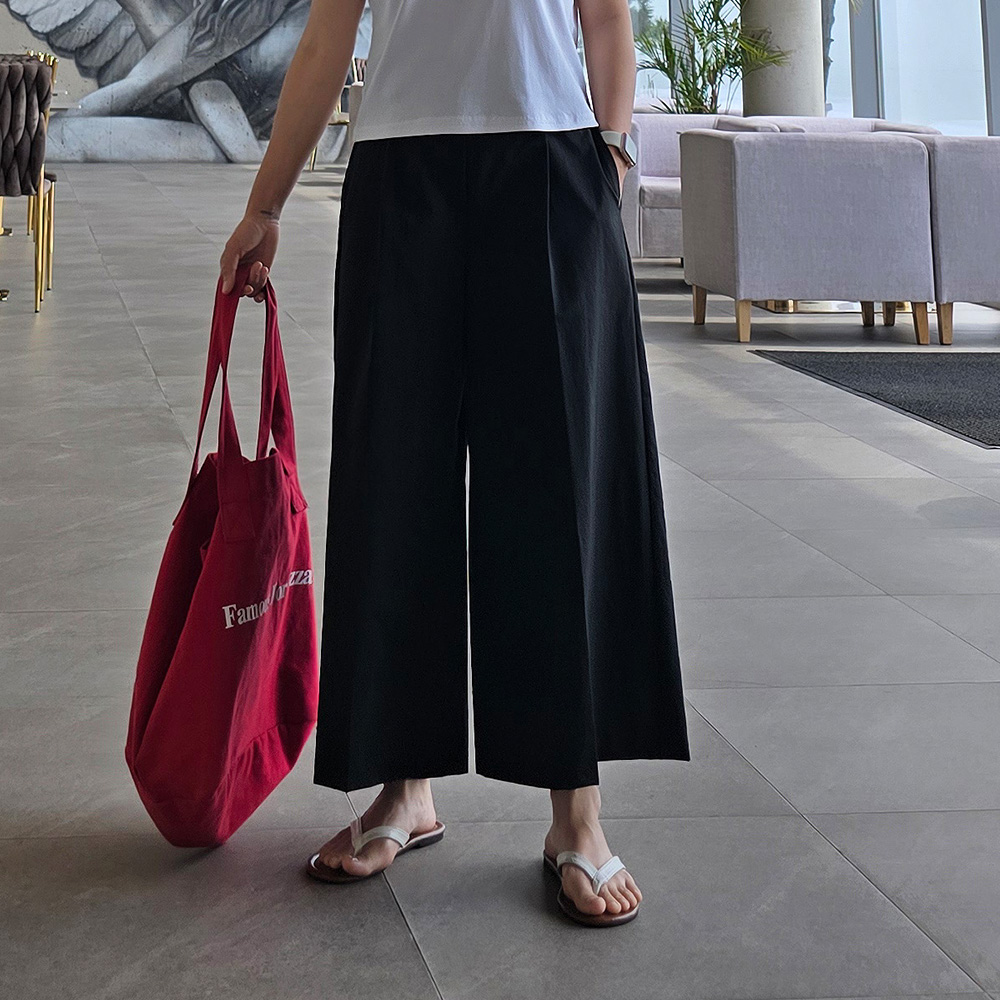 155CM 8부 치마바지 와이드 블랙 뒷밴딩 키작녀 팬츠 이미지 6