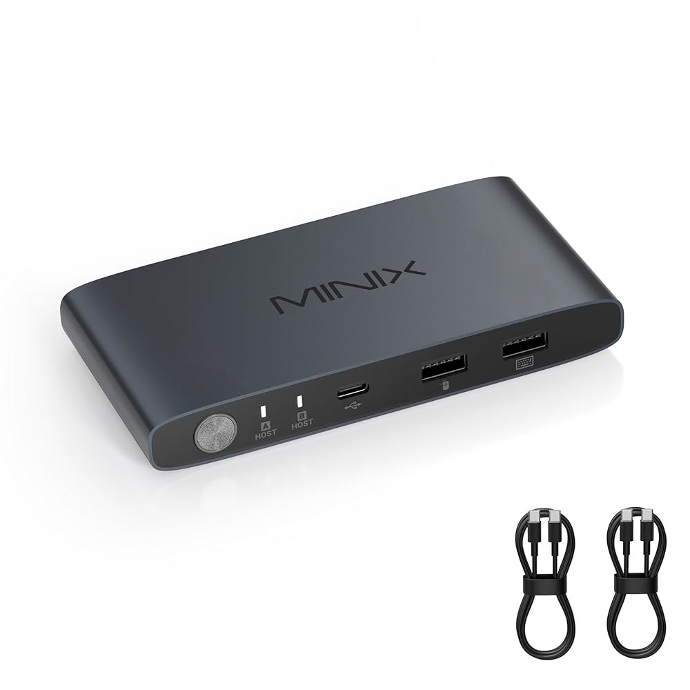 MINIX K1 USB C KVM 스위치 1 모니터 2대, 4K@120Hz HDR, 100W PD 3.0, 듀얼 USB-C 입력 스위치, 키보드 및 마우스 공유, 알루미늄 디자인, - 상품 이미지