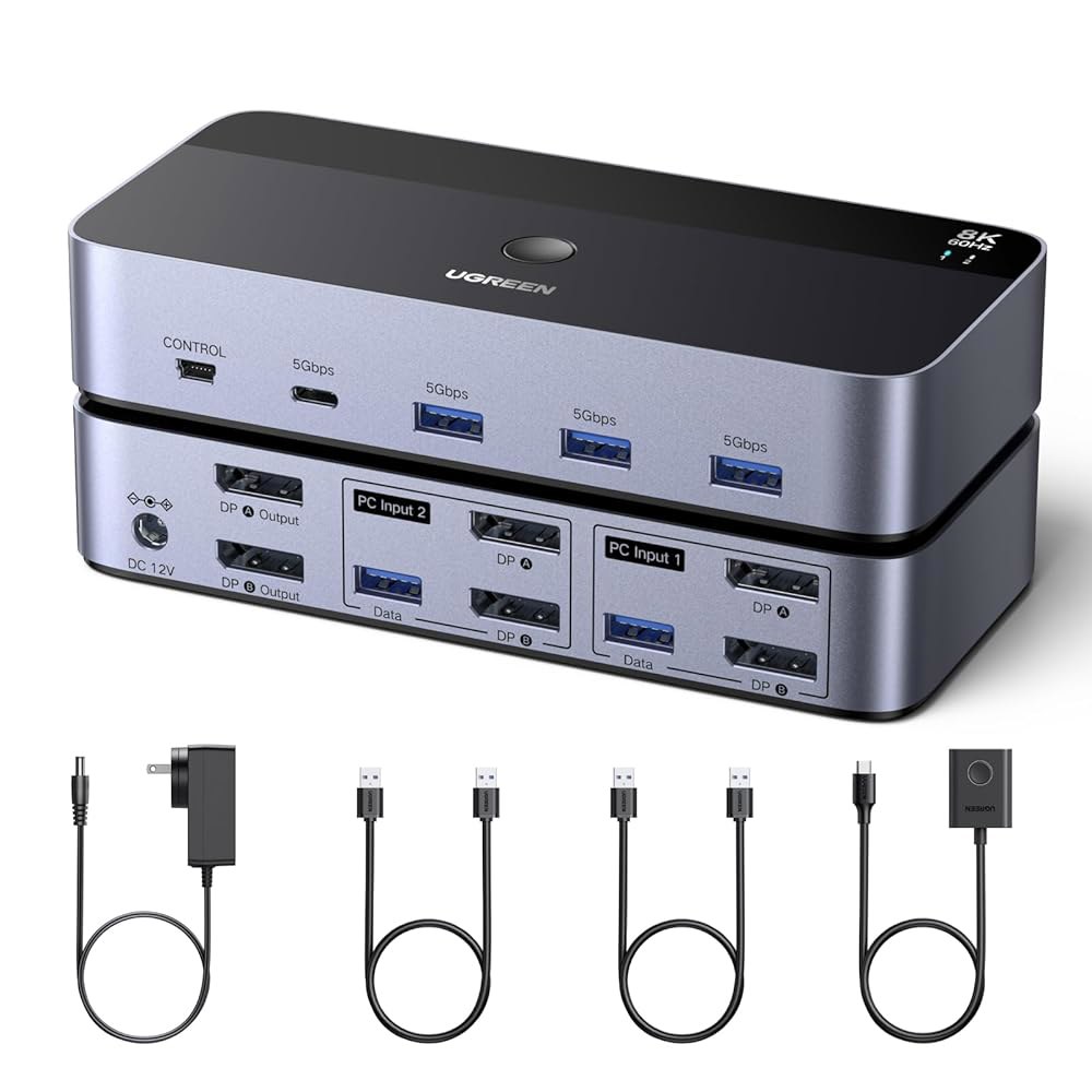 UGREEN 8K@60Hz 디스플레이포트 KVM 스위치 2 모니터 컴퓨터, 알루미늄, USB 3.0 포트 4개 포함 컴퓨터용 듀얼 키보드 마우스 프린터, 케이블 2개 / 전원 어댑 - 상품 이미지