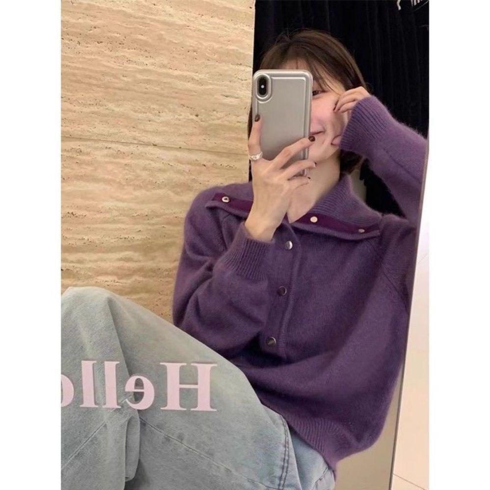 뽀글이 시스루 자주색 볼레로 숏 터틀넥 가디건 라쿤 긴팔 볼레로가디건 숏가디건 여름가디건 - 상품 이미지