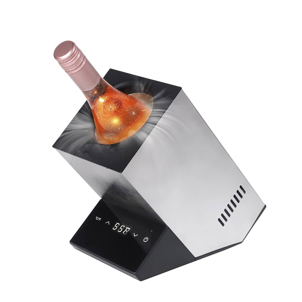 전기 와인 냉각기, 750ml 또는 샴페인용 싱글 보틀 쿨러, 스테인리스 스틸 아이스리스 최대 24시간까지 차갑게 유지, 주방, 바 및 RV 비노 액세서리, 애호가를 위한 선물 - 상품 이미지