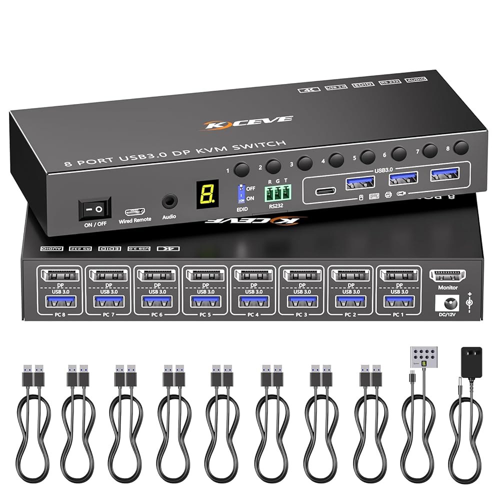 8포트 디스플레이포트 KVM 스위치 4K@60Hz EDID 시뮬레이션, 8대의 컴퓨터용 USB 3.0 DP 공유 1개 모니터 및 4개의 장치, 오디오 RS232, 유선 리모컨, - 상품 이미지