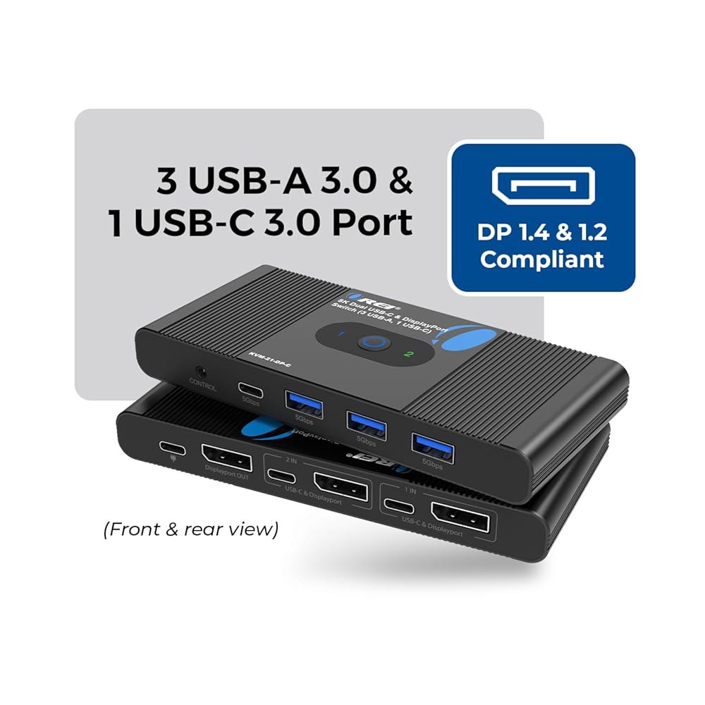 OREI 8K KVM 스위치 u2013 디스플레이포트 2 in 1 Out, 컴퓨터 2대용 USB-C, 1.4 KVM, 모니터, 4K 144Hz / 120Hz 및 USB 3.0 허브 - 상세 이미지 2
