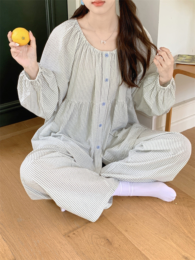 스트라이프 빅사이즈 긴팔 커플잠옷 긴바지 세트 선물 신혼 연인 자주입는 수유잠옷 - 상세 이미지 4