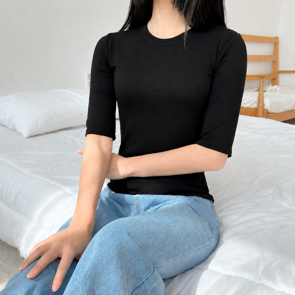 네이버 슬림 5부반팔티 모달티셔츠 레이온 여성 무지티셔츠