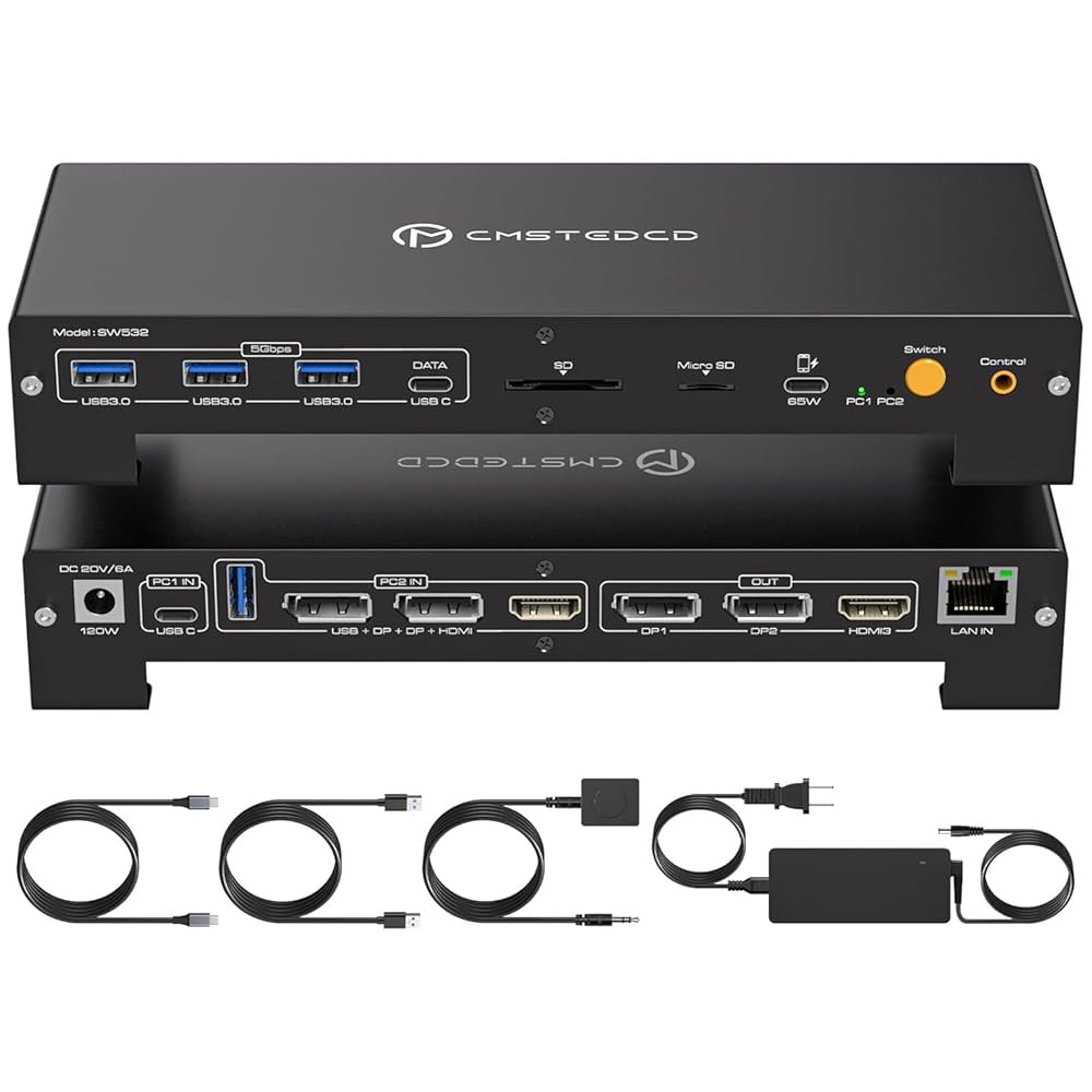 CMSTEDCD USB C KVM 도킹 스테이션 스위치 3 Monters 2 노트북 및 PC용 100W PD 공급 하이브리드 디스플레이 포트와 HDMI 트리플 4K60Hz 또는 - 상품 이미지