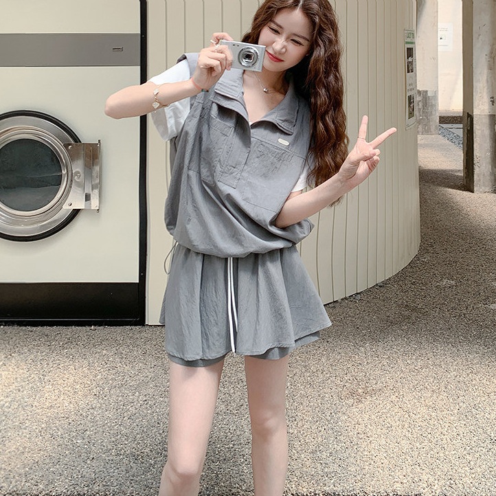 여름 루즈핏 카라 반팔 반바지 트레이닝 투피스 세트 - 상품 이미지