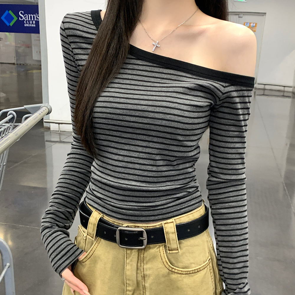 오프숄더 스트라이프 티셔츠 언발란스 데일리 FLS-1008420 - 상품 이미지