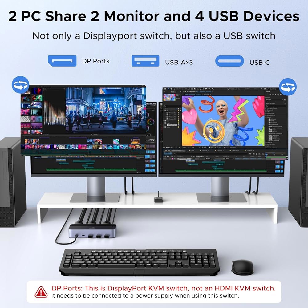 UGREEN 8K@60Hz 디스플레이포트 KVM 스위치 2 모니터 컴퓨터, 알루미늄, USB 3.0 포트 4개 포함 컴퓨터용 듀얼 키보드 마우스 프린터, 케이블 2개 / 전원 어댑 - 상세 이미지 2