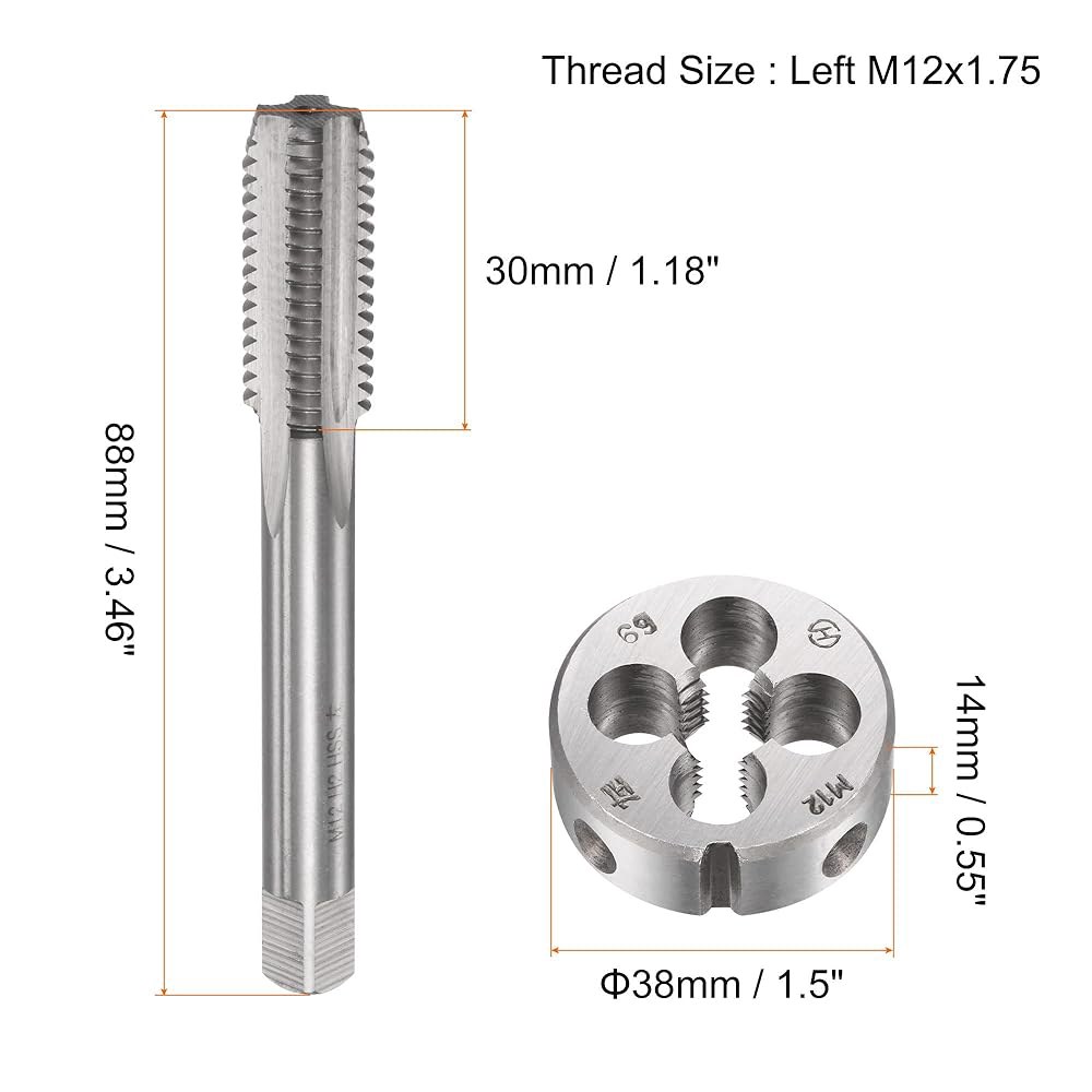 uxcell 탭 및 다이 세트, M12 x 1.75 미터법 왼손 나사산 스트레이트 플루트 탭, 둥근 다이, 너트 나사 볼트 수리용 키트 - 상세 이미지 2