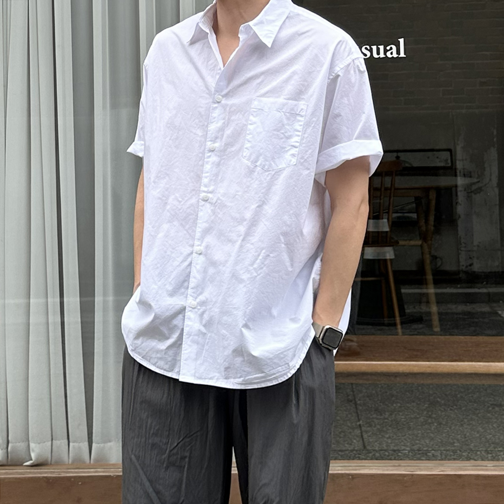 남자 반팔 셔츠 오버핏 얇은 여름 실켓 쿨 남방 난방 남성 셔츠 - 상세 이미지 2