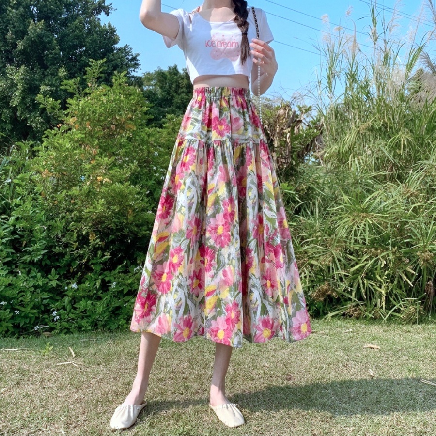 플라워 나염 허리밴딩 여름 플레어 롱스커트 체형커버 면스커트 - 상세 이미지 4