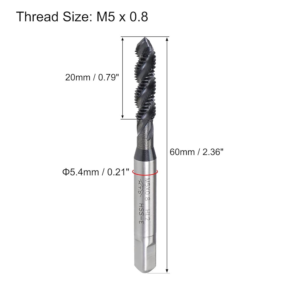 uxcell M5 x 0.8 나선형 플루트 실 탭, 미터법 기계 탭 HSS 질화 코팅, 사각형 끝이 있는 원형 샹크, H2 공차, 2pcs - 상세 이미지 2
