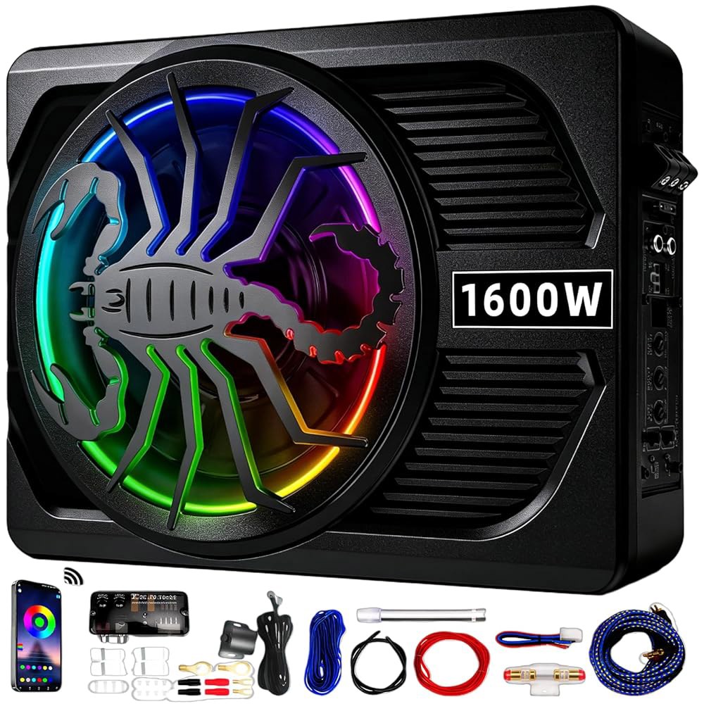SCBPAUD 1600W 업그레이드된 10인치 초슬림 액티브 언더시트 카 서브우퍼 내장 앰프 및 LED 조명 | 왜곡 없는 베이스 로우 패스 필터, 게인 부스트 Black BF - 상품 이미지