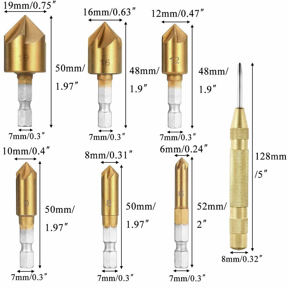 로카리스 23팩 목공 챔퍼 드릴링 도구, 6pcs 1/4인치 헥스 5플루트 90도 카운터싱크 드릴 비트, 7pcs 쓰리 포인티드(L-Wrench), 8pcs 우드 플러그 커터, - 상세 이미지 3
