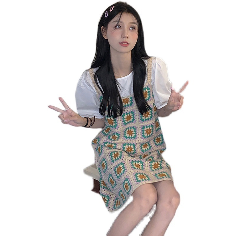빅사이즈 크로셰 원피스 꽃 뜨개질 연예인 패션 코디 레이어드 여름 2컬러 - 상세 이미지 5