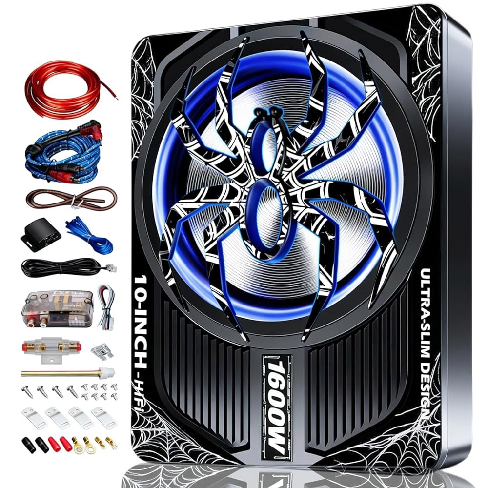 SCBPAUD 2026 업그레이드된 1600W 슬림 언더시트 카 서브우퍼, 앰프 내장 10인치 파워 서브, (LPF / 게인 베이스 부스트) LED 앰비언트 라이트, 독립형 노브, - 상품 이미지