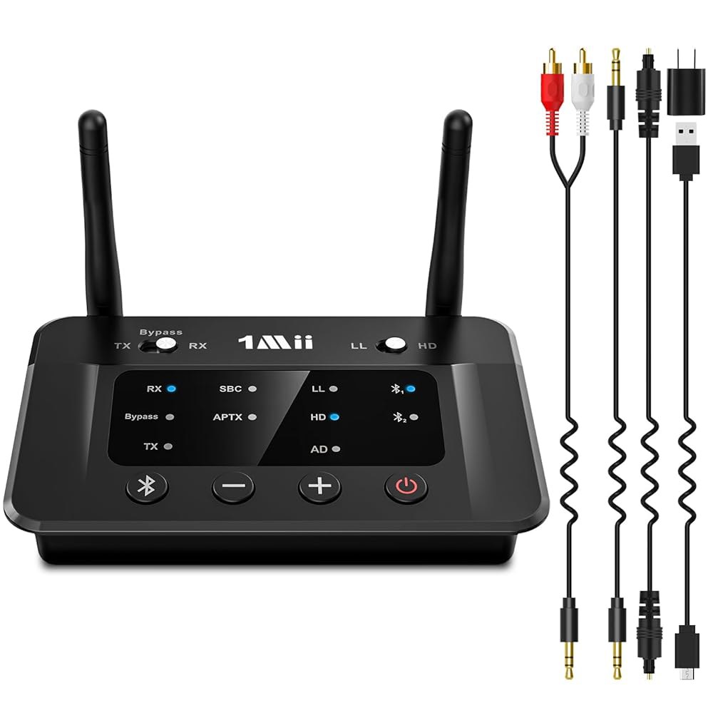 TV 홈 스테레오 BT 헤드폰용 1Mii B03 Bluetooth 5.3 송신기 수신기, aptX 저지연 /적응형 /HD 오디오 어댑터, 유선 및 무선용 스플리터, 광학 RCA - 상품 이미지