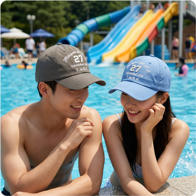 국내제작 방수볼캡 폴리 워터파크 물놀이모자 남자 여자 볼륨자수 레터링 야구모자 - 상품 이미지