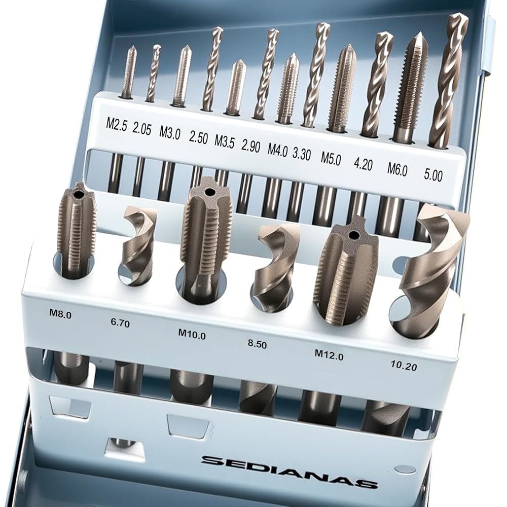 SEDIANAS 18PCS 탭 및 드릴 세트 - 4341 고속 강철 계량 세트, 티타늄 코팅, 범위 M2.5 0.45 u2014M12 1.75, 금속 보관 케이스 - 상품 이미지