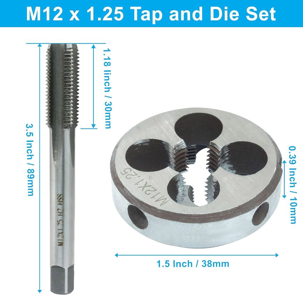 하스키예 M12 x 1.25 미터법 탭 앤 다이 세트, HSS 기계 나사산 1.25mm 오른손 탭핑 도구 M10 x 1.25 - 상세 이미지 2