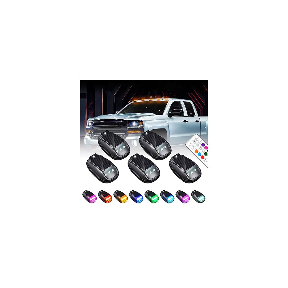 태양광 자동차 지붕 네온 RGB 스트로브 라이트, 캡 신호 마커 램프 무선 LED 경고등 진동 센서, 드릴 없음, 방수(5PCS)가 장착된 픽업 SUV 지프 Rv용 안전 액세서리 - 상품 이미지