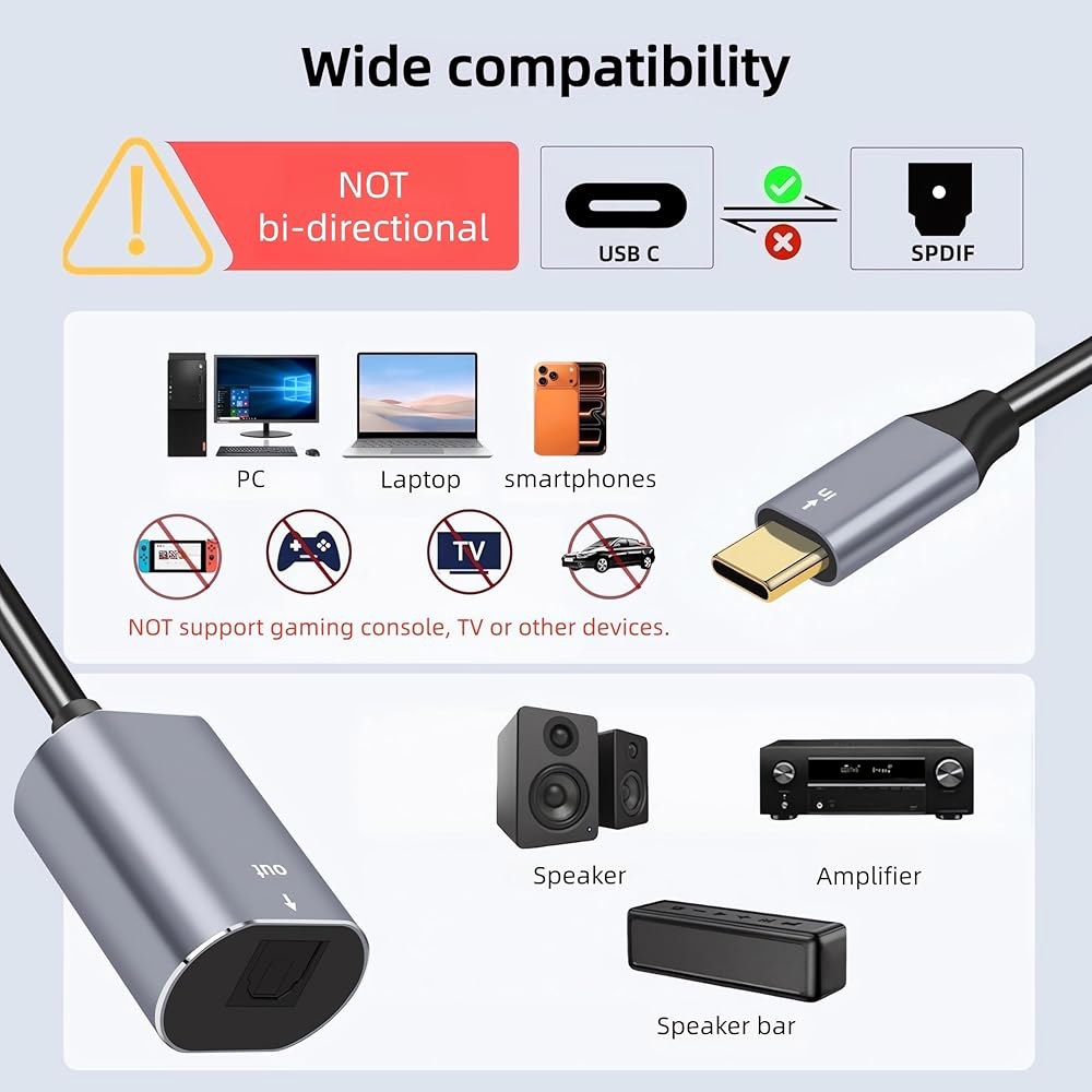 USB C to TOSLINK 광 오디오 어댑터, 단방향 타입 SPDIF 디지털 컨버터, 스마트폰, 태블릿, 노트북용 송신기. - 파이버 3.3FT 광케이블 포함. - 상세 이미지 2