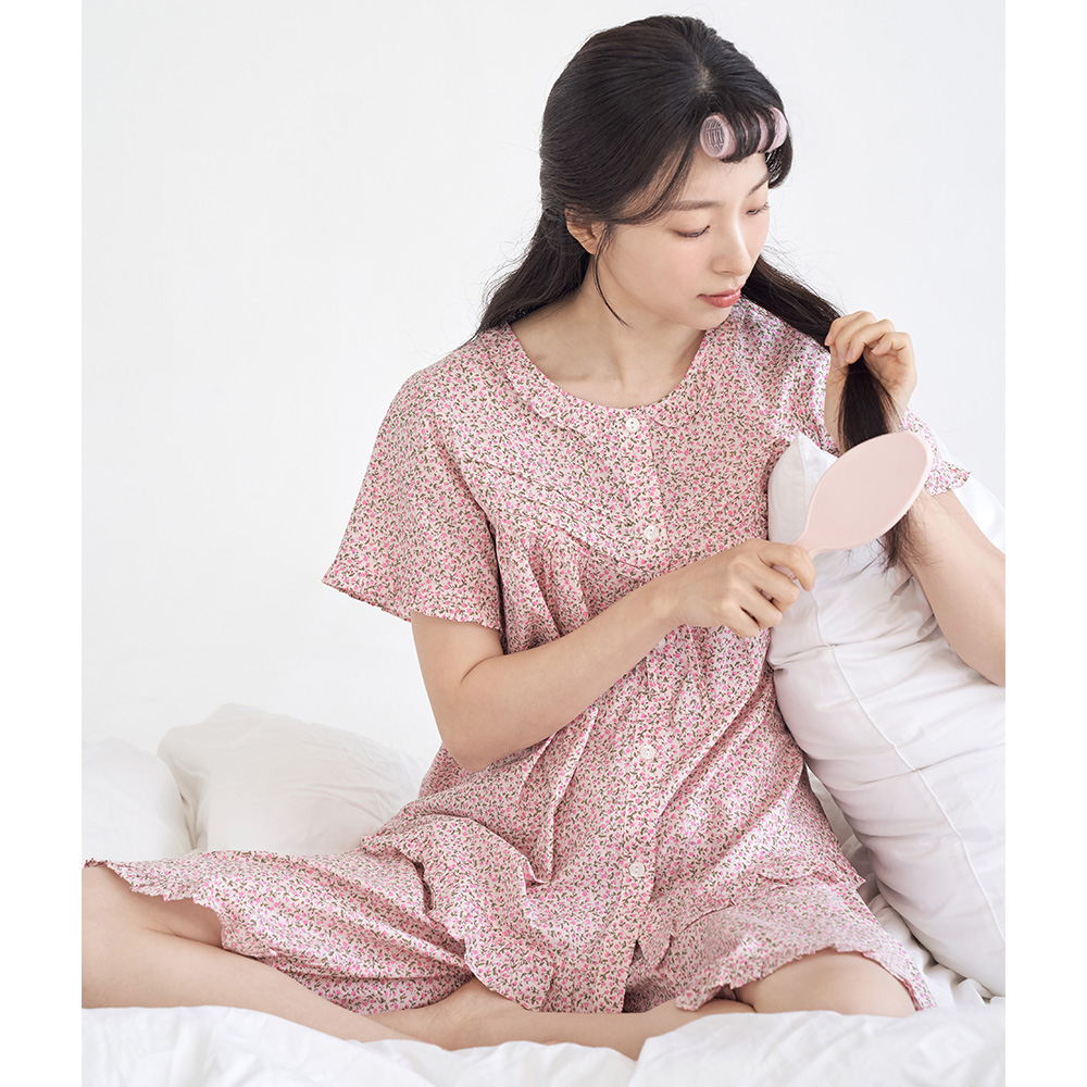 핑크잔꽃 여성 여름 반팔 아사면 순면 잠옷 파자마 홈웨어 세트 상품 이미지