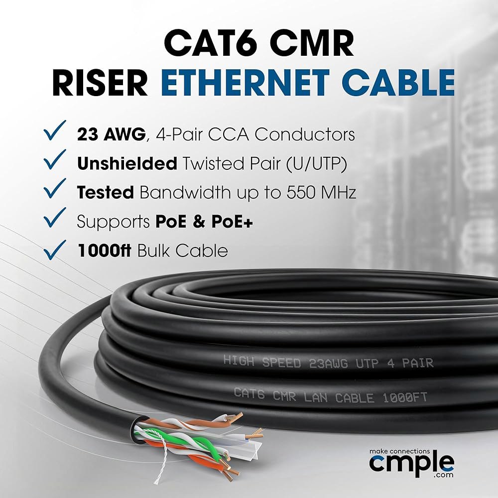Comple - Cat6 케이블 1000피트 벌크 랜 이더넷 Cat 6 와이어 네트워크 UTP 23AWG CMR 라이저 10Gbps 550MHz 풀 박스 1000피트, 블랙 - 상세 이미지 2
