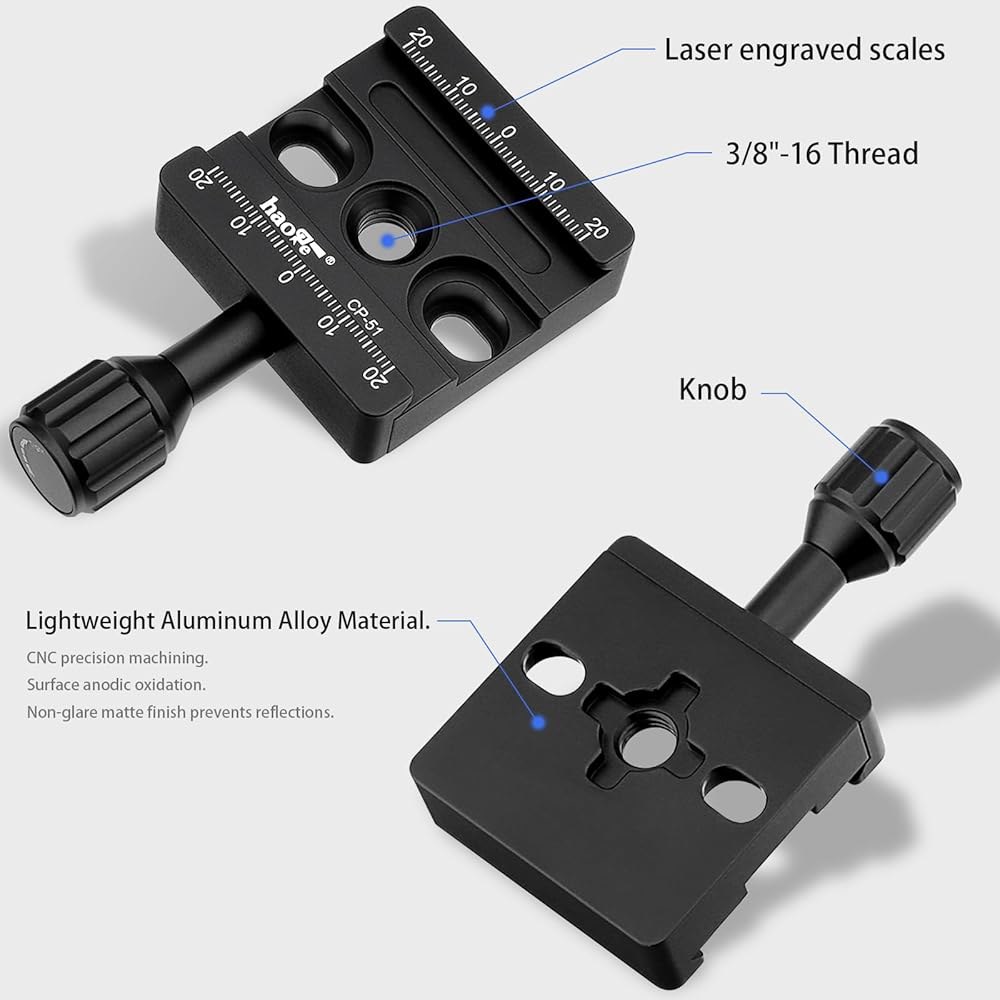 Haoge CP-51L 50mm 스크류 노브 클램프 어댑터 마운트, 긴 팔 포함, 빠른 릴리스 QR 플레이트 카메라 삼각대 볼헤드 모노포드 볼 헤드 핏 아르카 스위스 - 상세 이미지 3