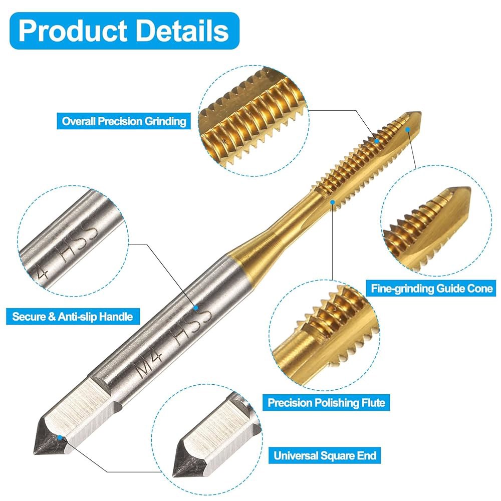 uxcell 14pcs 나선형 포인트 탭 세트 M2.5 M3.5 M4 M5 M6 미터 나사 탭, 티타늄 코팅 고속 강철 6542 기계 탭핑 수리 도구 - 상세 이미지 3