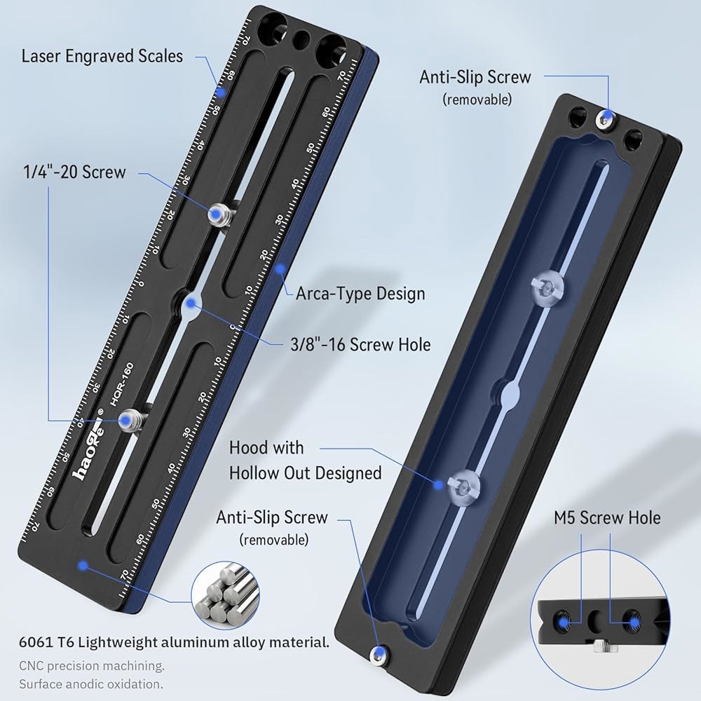 카메라 삼각대 볼헤드 클램프 장착 RRS 벤로 아르카 스위스 선웨이포토용 Haoge HQR-160 160mm 다목적 롱 퀵 릴리즈 익스텐더 레일 슬라이딩 플레이트 120mm - 상세 이미지 2