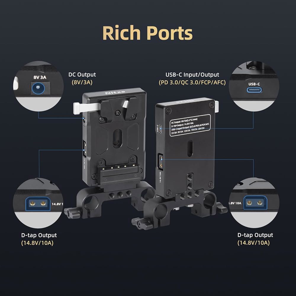 니체 V 마운트 배터리 어댑터 플레이트, USB-C 입출력(PD 3.0), DC(8V / 3A), D탭(14.8V 10A) 출력 및 15mm 막대 클램프, 카메라 전원 공급용 미니 - 상세 이미지 2