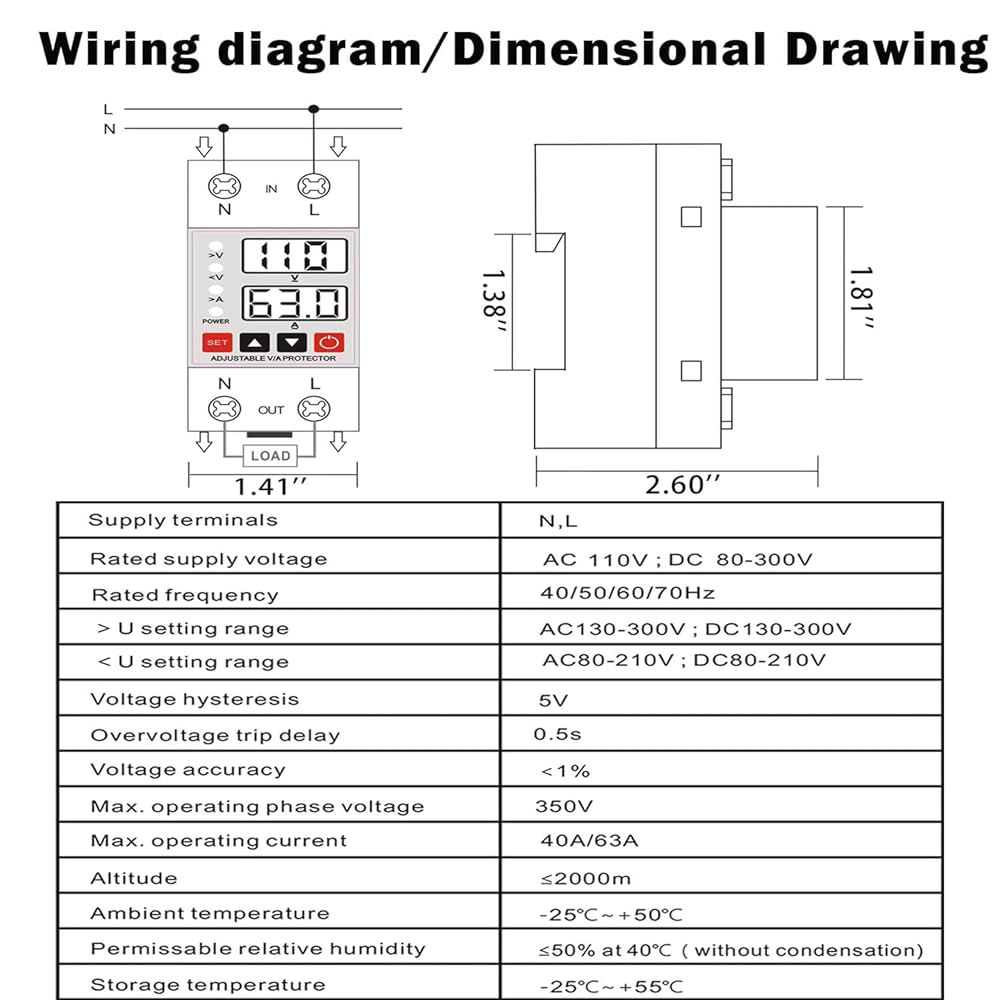 Aeliusine 63A 스마트 전압 보호기 110V 220V, LCD 디스플레이, 보호 오버/언더 조절 가능, DIN 레일 마운트, 2팩 63A 1pcs - 상세 이미지 2