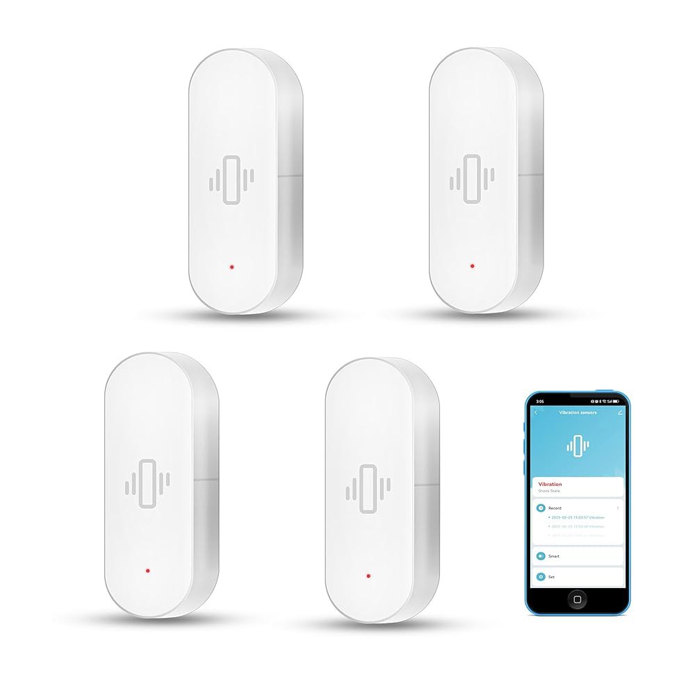 스마트 진동 센서 무선 유리 깨짐 감지기, 앱 알림 기능이 있는 WiFi 도어 센서, 조절 가능한 감도, 알람 시스템 및 홈 자동화를 위한 센서(4팩) 1-Pack - 상품 이미지