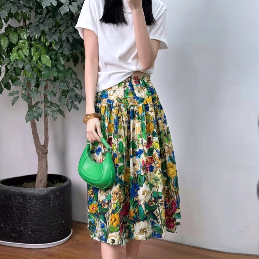 플라워 나염 허리밴딩 여름 플레어 롱스커트 체형커버 면스커트 - 상세 이미지 3