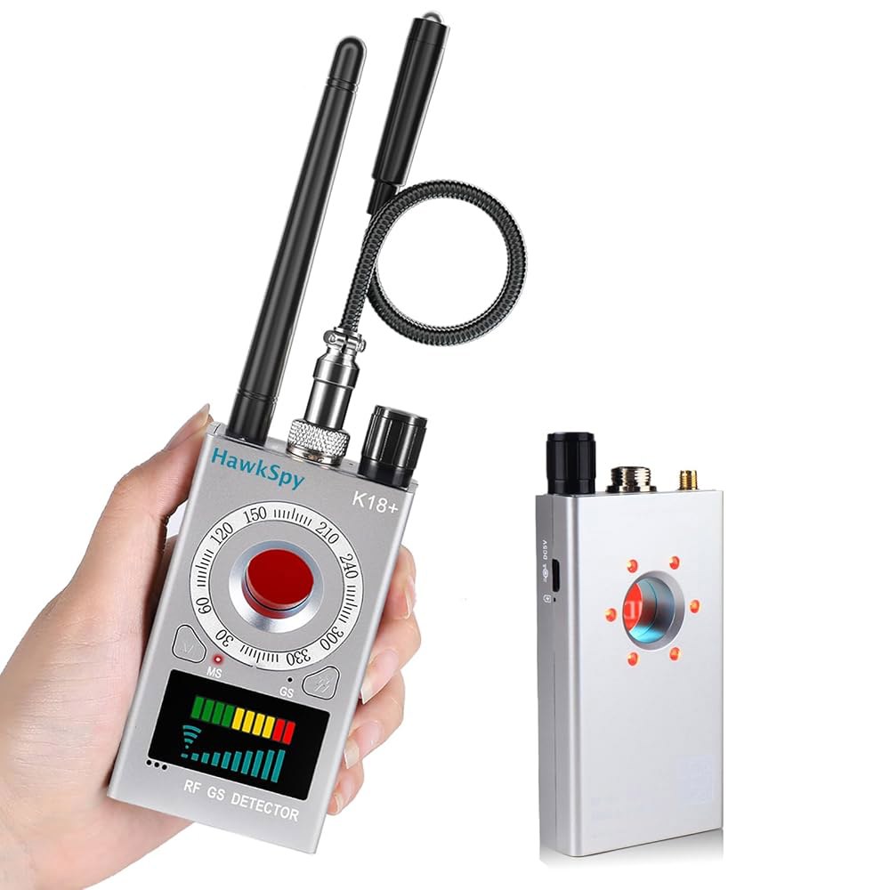 HawkSpy K18 히든 카메라 탐지기 버그 및 GPS 트래커 스캐너용 스파이 파인더 - 사운드 진동 알람이 있는 디바이스 스캐너 휴대용 개인정보 보호(실버) Black - 상품 이미지