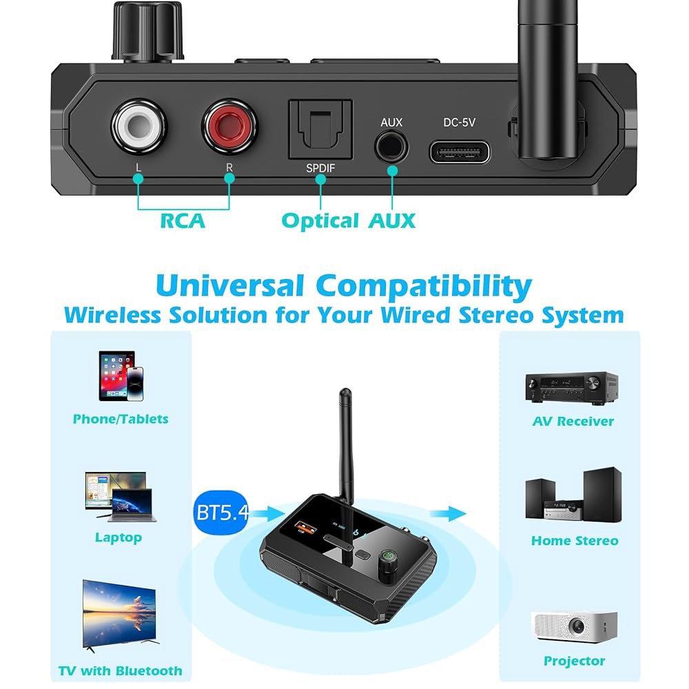가정용 스테레오, 광학 저지연 및 HD 음악 오디오 블루투스-RCA 어댑터용 KAIY Bluetooth 5.4 수신기 - 스테레오 / 스피커 유선 스트리밍 시스템, AUX USB - 상세 이미지 3
