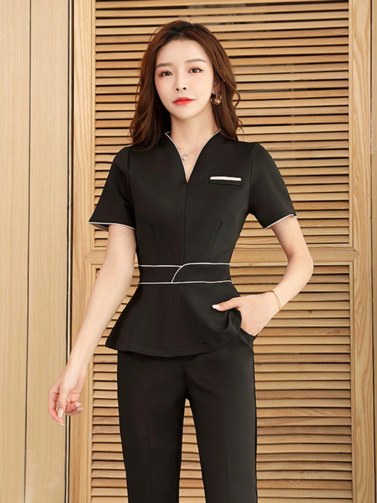 뷰티샵 한의원 긴팔 S 반소매 미용실 원피스 간호사 블랙 반팔 바지 세트 S - 상세 이미지 5