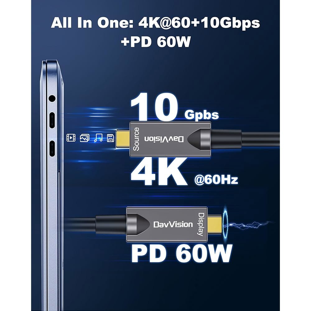 다브비전 풀 피처 광섬유 USB C 비디오 케이블 33FT, 4K@60Hz, 10Gbps, PD 60W, 3.2 액티브 광케이블을 지원하는 카메라, VR, 노트북, 컨퍼런스용 독일 - 상세 이미지 2