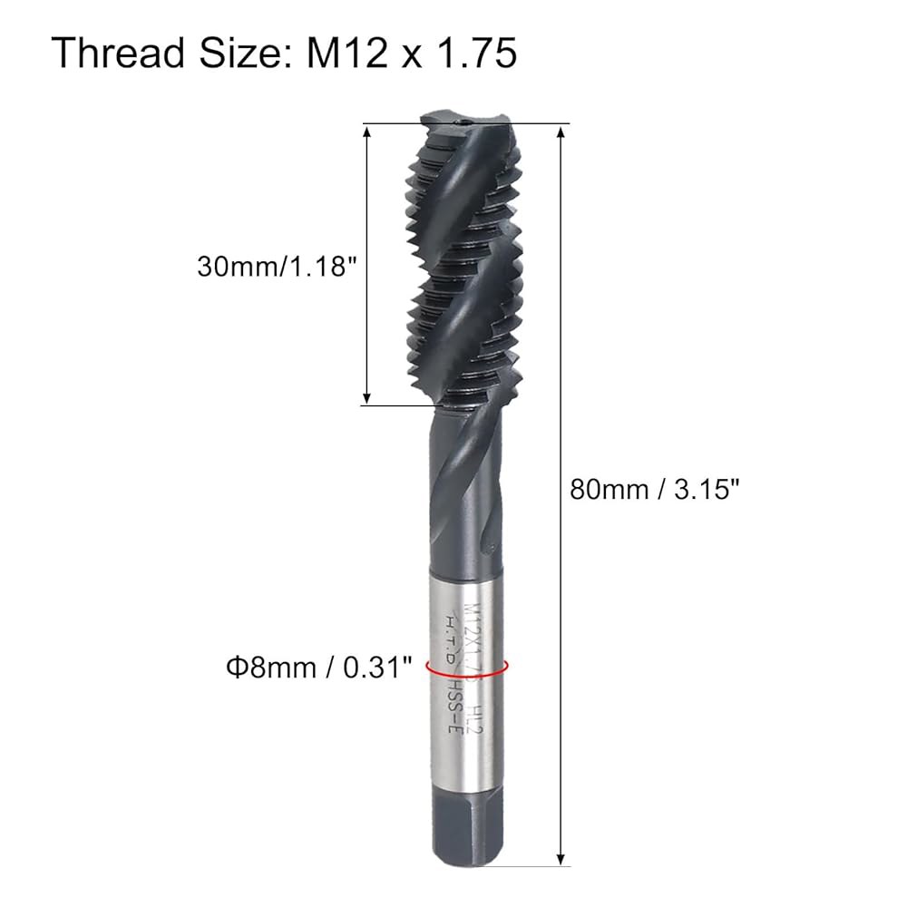 uxcell M12 x 1.75 나선형 플루트 실 탭, 미터법 기계 탭 HSS 질화 코팅, 사각형 끝이 있는 원형 샹크, H2 공차 M8 x 1.25mm - 상세 이미지 2