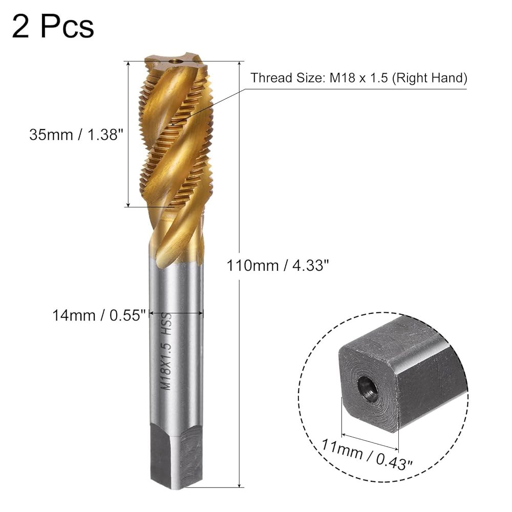 uxcell 2pcs 나선형 플루트 나사산 탭, 미터법 M18 x 1.5 H2 기계 수리를 위한 티타늄 코팅 M2 고속 강철 탭 도구 M18 x 1.5 - 상세 이미지 2