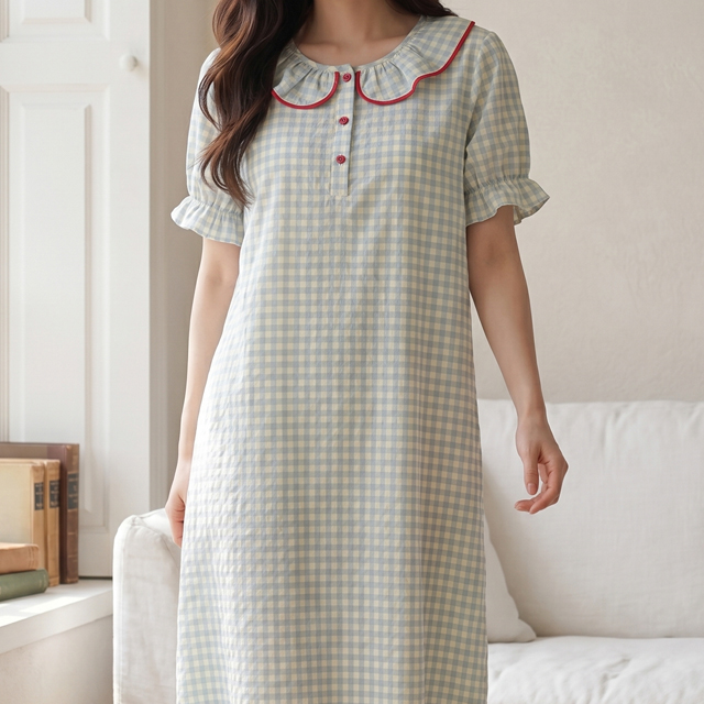 [M~XL]민트 소다 체크 원피스 여름잠옷 - 상세 이미지 3