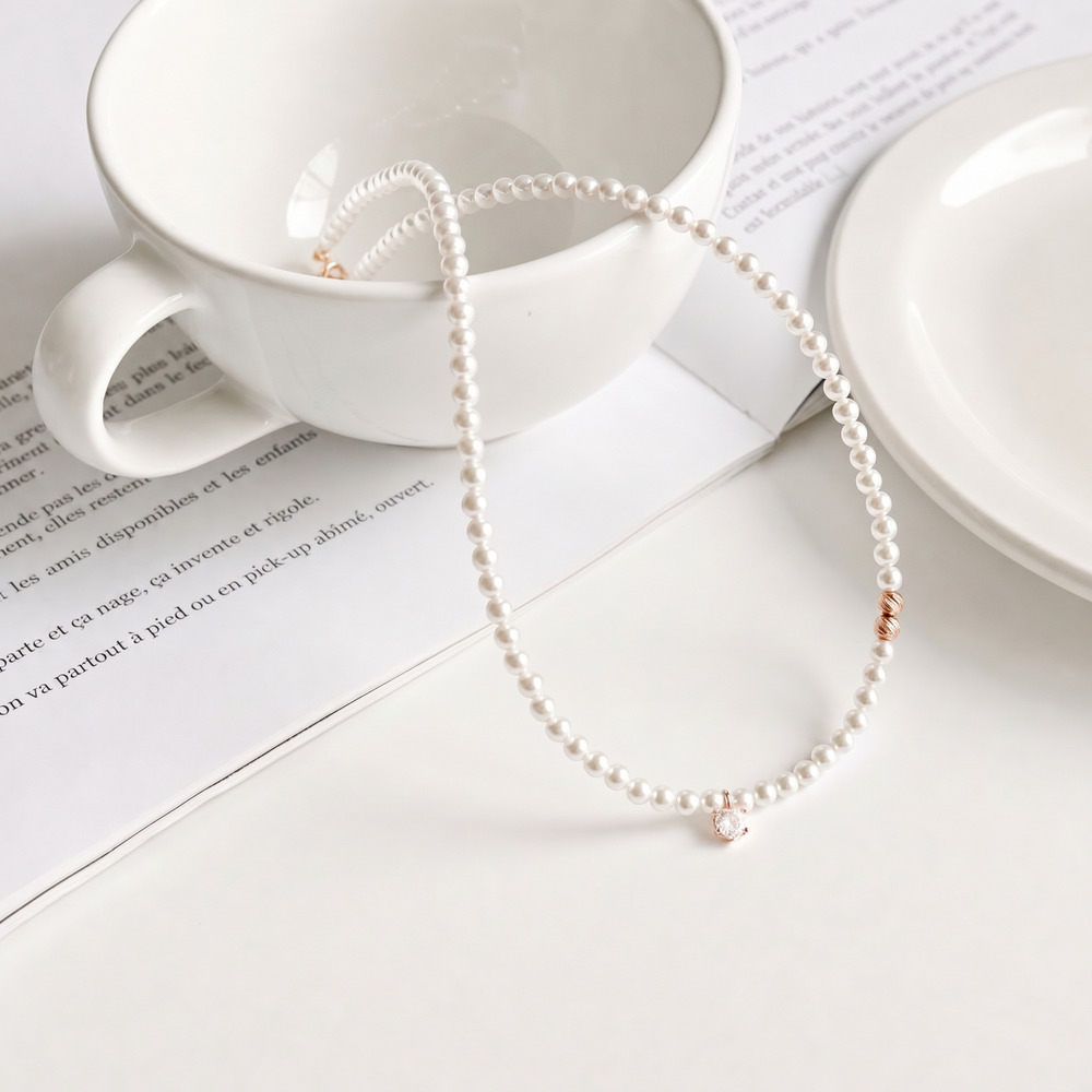 14k 4mm 컷팅볼 큐빅 진주 비드 목걸이 OPPN0156 - 상품 이미지
