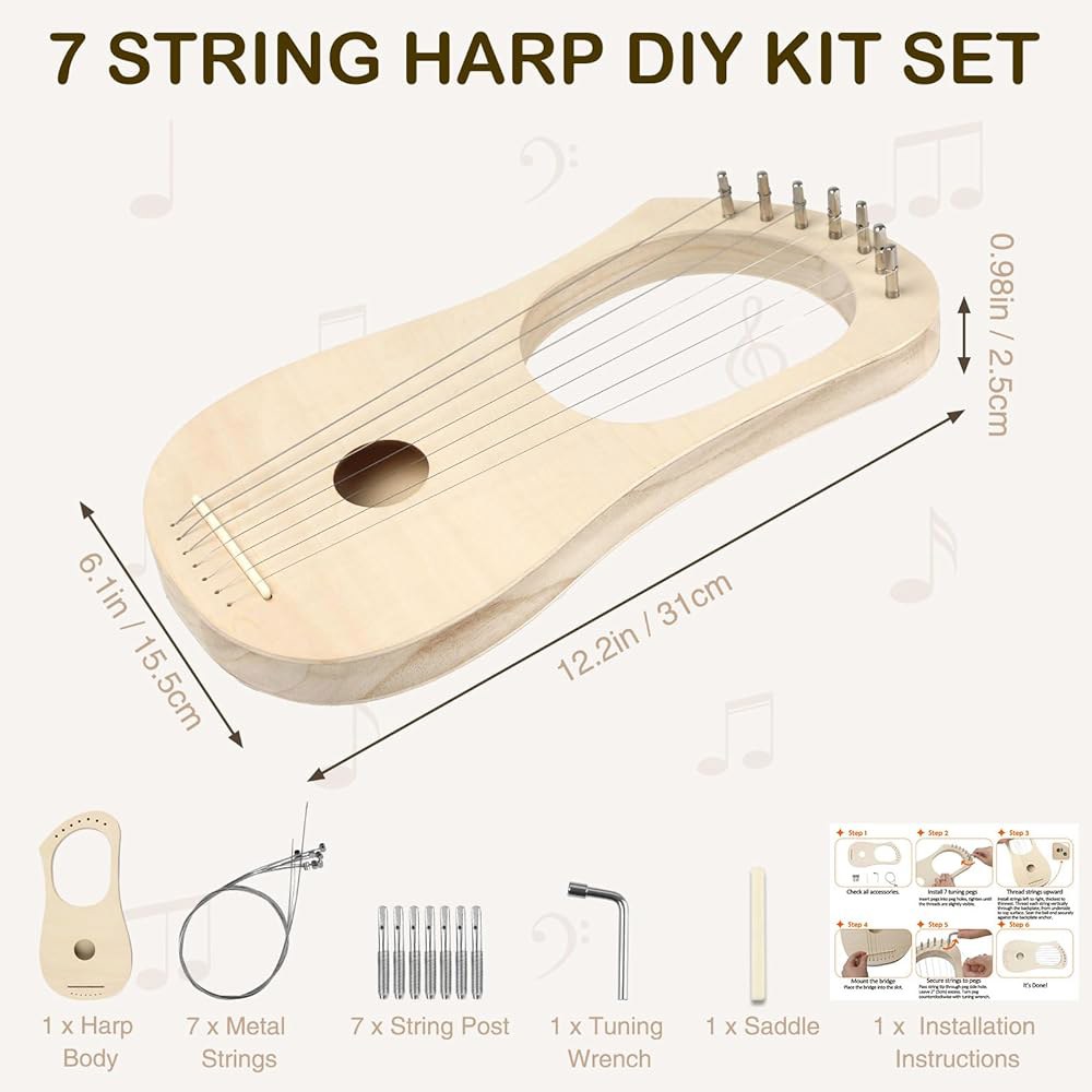 고흐고스트 라이어 하프 7 현 DIY 키트, 배스우드 바디 스트링 튜닝 렌치 새들 브리지 핀으로 수작업으로 제작된 나무 악기 초보자와 애호가를 위한 간편한 조립 - 상세 이미지 2