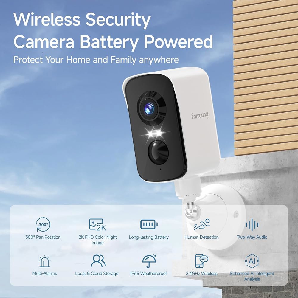 판샹 2K 무선 카메라 실외 충전식 배터리 WiFi, 300 팬 회전, AI 모션 감지, PIR, 컬러 나이트 비전, 스포트라이트, 사이렌, 양방향 대화, IP65, SD / 클라 - 상세 이미지 2