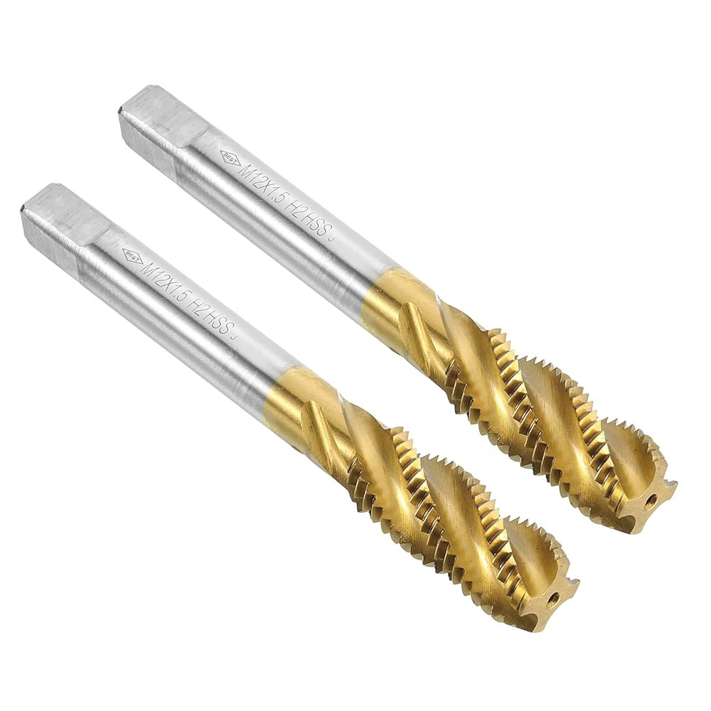 uxcell 2pcs 나선형 플루트 나사산 탭, M12 x 1.5 H2 티타늄 코팅 6542 고속 강철 기계 탭핑 도구, 수리용 M12 x 1.5 - 상품 이미지