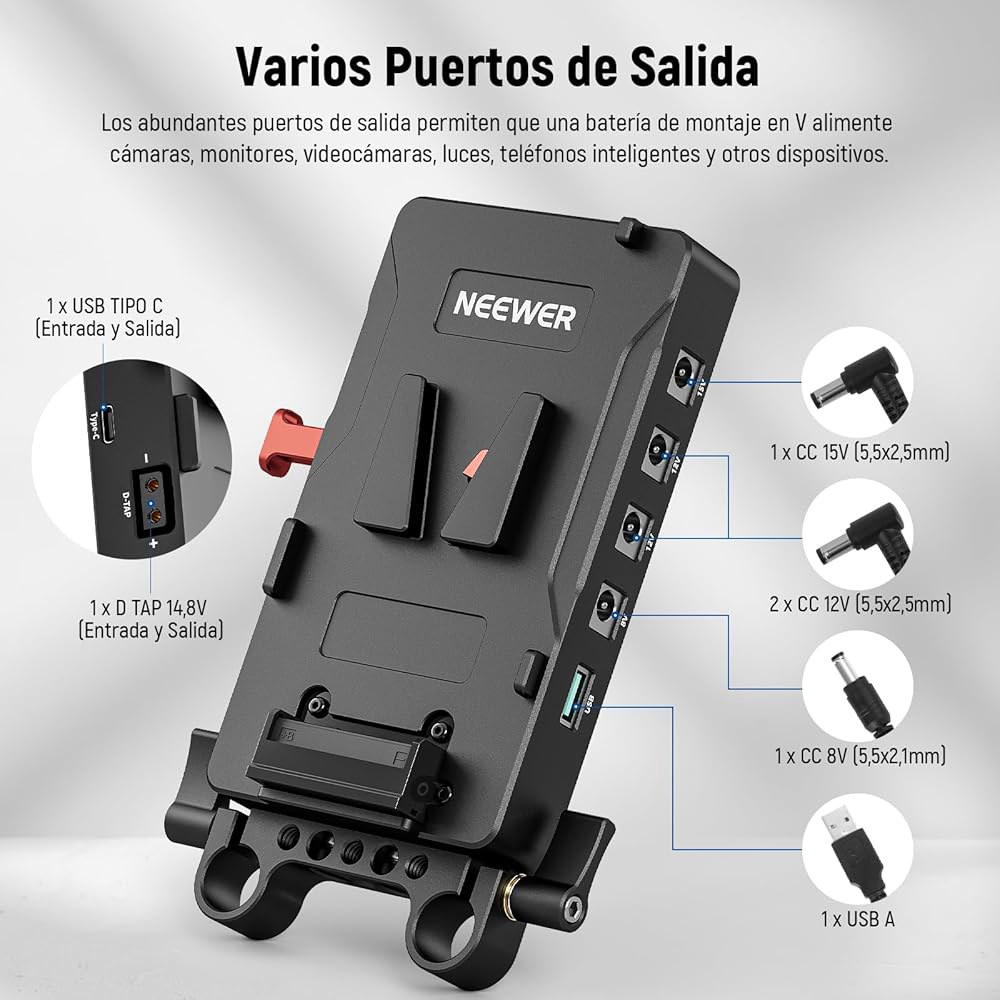 15mm 막대 클램프가 장착된 Neewer V 마운트 배터리 플레이트, 전원 공급 장치 스플리터 PD 60W 타입 C&D 탭 / DC15V 포트, Fxlion 소니 잠금 배터리, - 상세 이미지 2